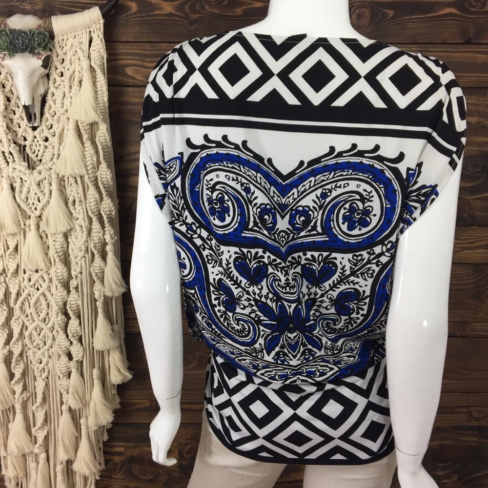 Alfani | Patterned Ruched Drop Waist Open Drape Blouse - Picture 5 of 9